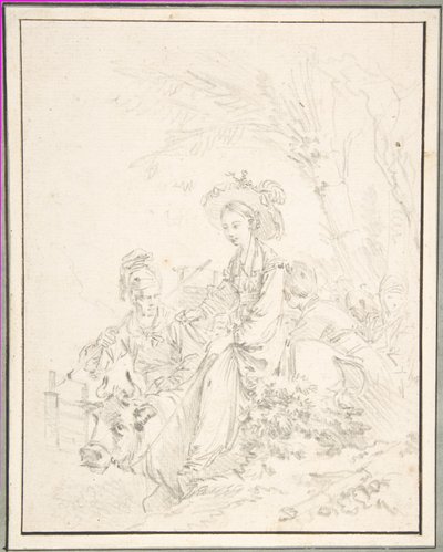 Bauernmädchen reitet auf einem Ochsen mit Begleitern von François Boucher
