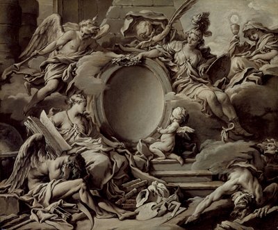 Entwurf für ein Kartusche: Eine Allegorie von Minerva, Ruhm, Geschichte und Glaube, die Unwissenheit und Zeit überwinden von François Boucher
