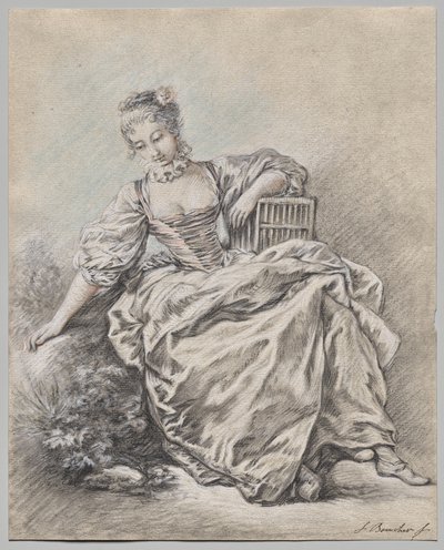 Sitzende Frau mit Vogelkäfig von François Boucher