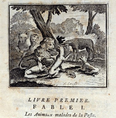 Die Tiere, die an der Pest erkrankt sind. Fabeln von Jean de La Fontaine (1621-95). Illustration von François Chauveau (1613-1676). Ausgabe von 1728 von Francois Chauveau