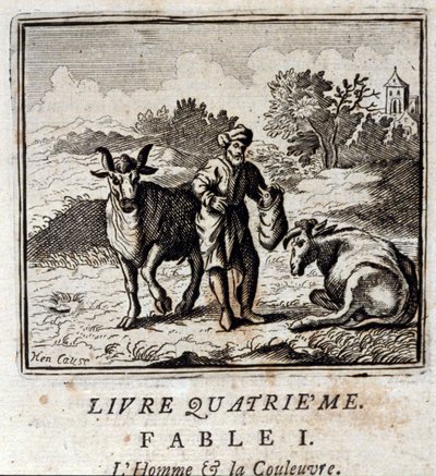 Mann und Schlange. Fabeln von Jean de La Fontaine (1621-95). Illustration von François Chauveau (1613-1676). Ausgabe von 1728. von Francois Chauveau