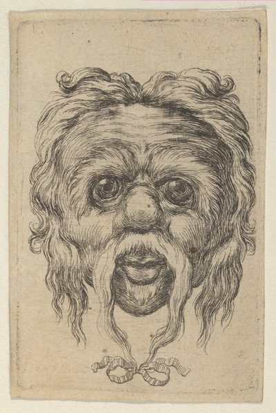 Maske mit einem langen Schnurrbart, der mit einem Band unter dem Kinn gebunden ist, aus Divers Masques von Francois Chauveau