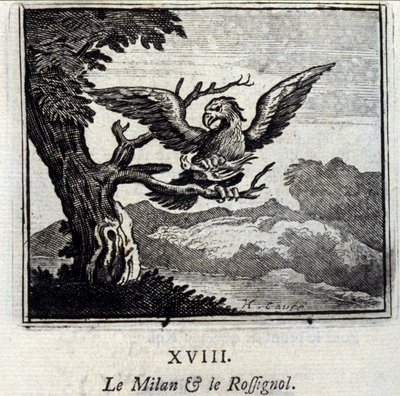Milan und die Nachtigall. Fabeln von Jean de La Fontaine. Illustration von François Chauveau. Ausgabe von 1728. von Francois Chauveau