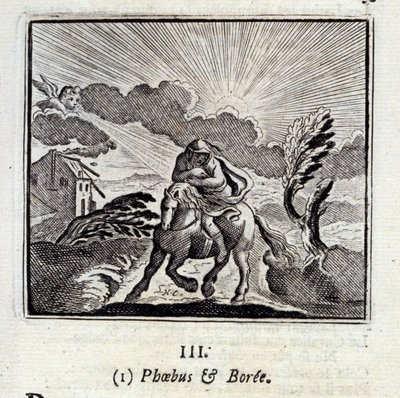 Phebus und Boree. Fabeln von Jean de La Fontaine. Illustration von François Chauveau. Ausgabe von 1728. von Francois Chauveau