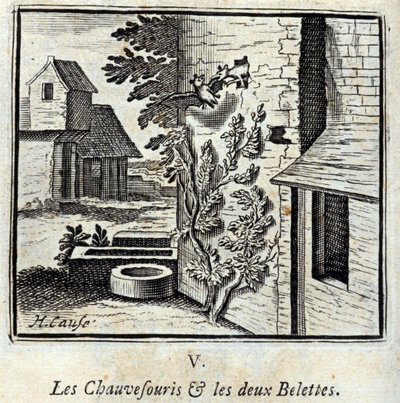 Die Fledermaus und die zwei Wiesel. Fabeln von Jean de La Fontaine. Illustration von François Chauveau. Ausgabe von 1728. von Francois Chauveau
