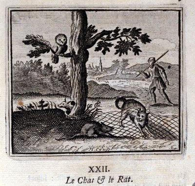 Die Katze und die Ratte. Fabeln von Jean de La Fontaine. Illustration von François Chauveau. Ausgabe von 1728. von Francois Chauveau