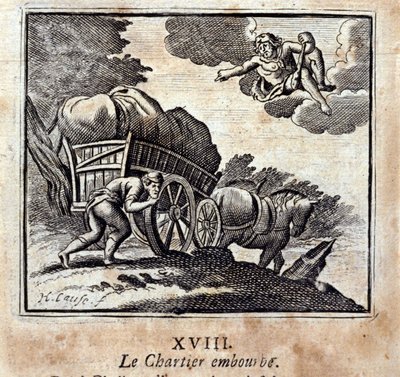 Der Fuhrmann wird belästigt. Fabeln von Jean de La Fontaine (1621-95). Illustration von François Chauveau (1613-1676). Ausgabe von 1728. von Francois Chauveau