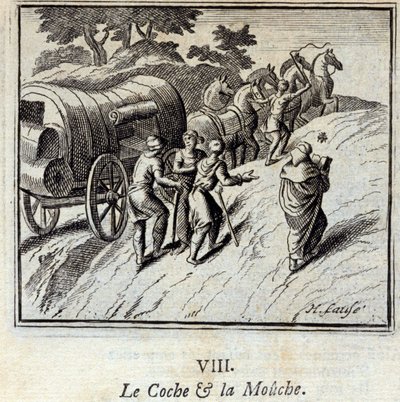 Der Karren und die Fliege. Fabeln von Jean de La Fontaine. Illustration von François Chauveau. Ausgabe von 1728 von Francois Chauveau