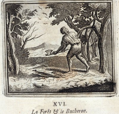 Der Wald und der Holzfäller. Fabeln von Jean de La Fontaine (1621-95). Illustration von François Chauveau (1613-1676). Ausgabe von 1728 von Francois Chauveau