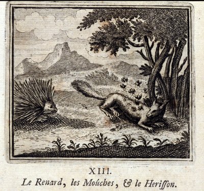 Der Fuchs, die Fliegen und der Igel. Fabeln von Jean de La Fontaine. Illustration von François Chauveau. Ausgabe von 1728. von Francois Chauveau