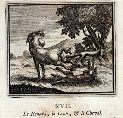 Der Fuchs, der Wolf und das Pferd. Fabeln von Jean de La Fontaine. Illustration von François Chauveau. Ausgabe von 1728. von Francois Chauveau