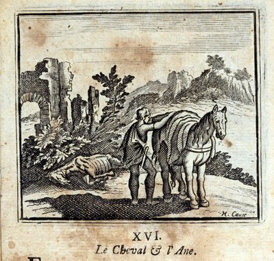 Das Pferd und der Esel. Fabeln von Jean de La Fontaine (1621-95). Illustration von François Chauveau (1613-1676). Ausgabe von 1728. von Francois Chauveau