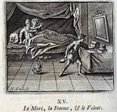 Der Ehemann, die Frau und der Dieb. Fabeln von Jean de La Fontaine. Illustration von François Chauveau. Ausgabe von 1728. von Francois Chauveau