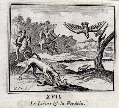 Der Hase und das Rebhuhn. Fabeln von Jean de La Fontaine (1621-95). Illustration von François Chauveau (1613-1676). Ausgabe von 1728. von Francois Chauveau