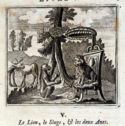 Der Löwe, der Affe und die zwei Esel. Fabeln von Jean de La Fontaine (1621-95). Illustration von François Chauveau (1613-1676). Ausgabe von 1728. von Francois Chauveau