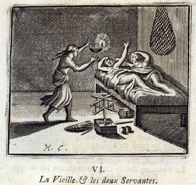 Die alte Dame und die zwei Diener. Fabeln von Jean de La Fontaine. Illustration von François Chauveau. Ausgabe von 1728. von Francois Chauveau