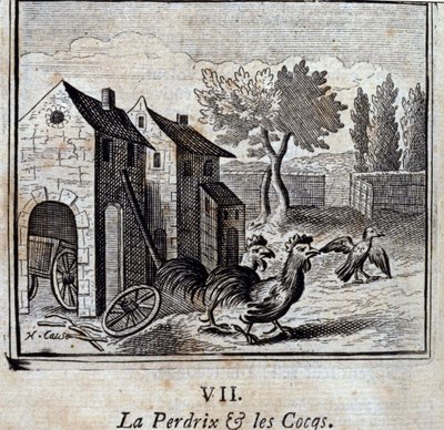 Das Rebhuhn und die Hähne. Fabeln von Jean de La Fontaine. Illustration von François Chauveau. Ausgabe von 1728. von Francois Chauveau