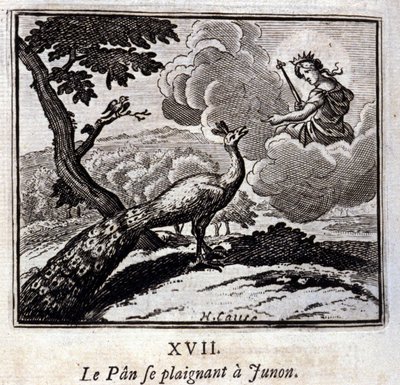Der Pfau, der sich bei Juno beschwert. Fabeln von Jean de La Fontaine. Illustration von François Chauveau. Ausgabe von 1728. von Francois Chauveau