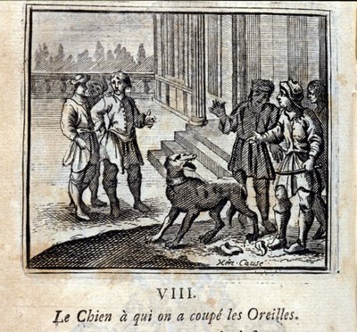 Der Hund, dem man die Ohren abgeschnitten hat. Fabeln von Jean de La Fontaine. Illustration von François Chauveau. Ausgabe von 1728. von Francois Chauveau