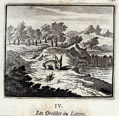 Die Ohren des Hasen. Fabeln von Jean de La Fontaine. Illustration von François Chauveau. Ausgabe von 1728. von Francois Chauveau