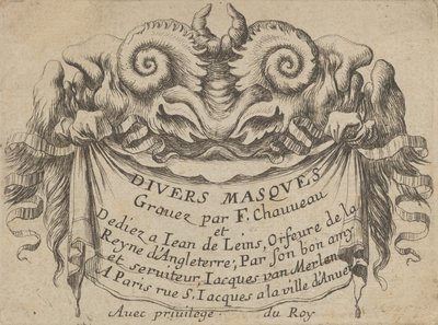 Titelblatt mit zwei Satyrköpfen, aus Divers Masques von Francois Chauveau