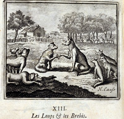 Wölfe und Schafe. Fabeln von Jean de La Fontaine. Illustration von François Chauveau. Ausgabe von 1728. von Francois Chauveau