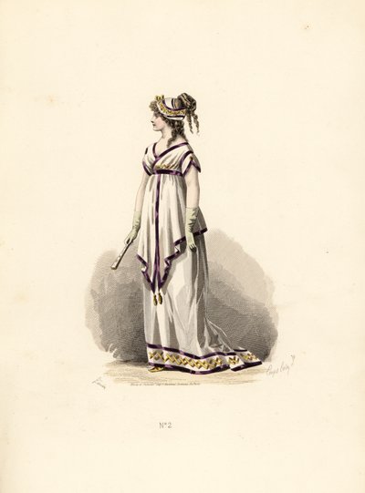 Frau im weißen Tunika-Kleid mit lila Samtbesatz von Francois Claudius (after) Compte Calix