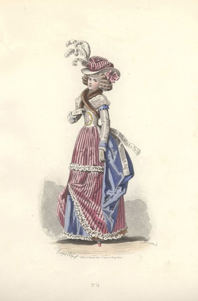 Frau in dreifarbiger Kleidung, Ära von Marie Antoinette. von Francois Claudius Compte Calix