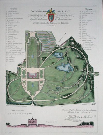 Generalplan des Gartens des Schlosses von Maisons, im Besitz von Thomas de Colmar, graviert von G. Lorsignol von Francois Duvillers