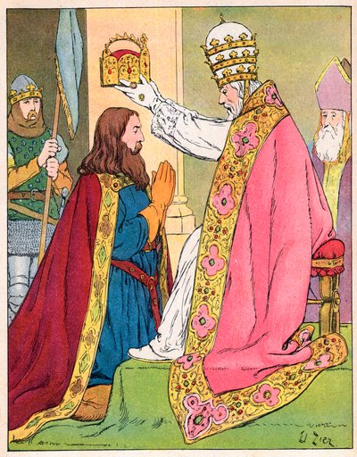 Karl der Große (742-814) gekrönt von Papst Leo III. (c750-816) in der Basilika St. Peter in Rom am 25. Dezember 800 - Heiligung (Krönung) von Karl dem Großen (742-814) im Jahr 800 durch Papst Leo III. - Illustration von François Zier (1856-1924) aus „Nos-G von Francois Edouard Zier