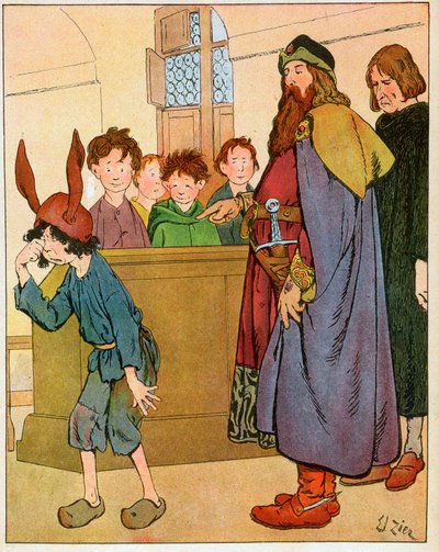 König Karl der Große (742-814) gründete 789 Schulen für Laienkinder und traf sich mit Schulkindern (König Karl der Große besucht Gelehrte und fördert Bildung und Schulen für Laienkinder) - Illustration von François Zier (1856-1924) aus „Nos-Gloires-Nationa von Francois Edouard Zier