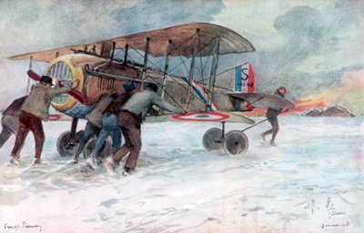 Bodenpersonal betreut einen französischen Spad auf einem schneebedeckten Feld, 1918, 1926 von Francois Flameng