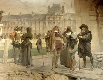 Pascal mit Desargues präsentiert Descartes seine Experimente zur Schwerkraft der Luft: Der junge Mathematiker Blaise Pascal und Girard Desargues diskutieren seine Theorie zum atmosphärischen Druck mit René Descartes auf dem P von Francois Flameng