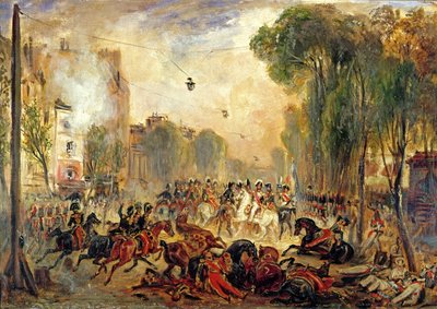 Attentat auf König Louis-Philippe (1773-1850) durch Giuseppe Fieschi (1790-1836) Boulevard du Temple, 28. Juli 1835 von Francois Gabriel Guillaume Lepaulle