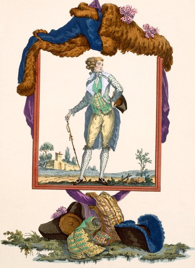 Junger Mann in einer weißen Seidenjacke mit bemalter Weste, graviert von Dupin, Tafel Nr. 265 aus 