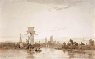 Aussicht von der Seine auf die Kathedrale von Rouen und die Stadt. Morgen von Francois Louis Thomas Francia