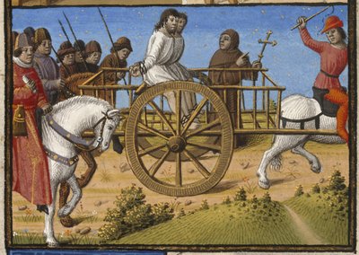 Zwei Gefangene in einem Wagen, die zur Hinrichtung gebracht werden, begleitet von einem Priester von Francois Maitre
