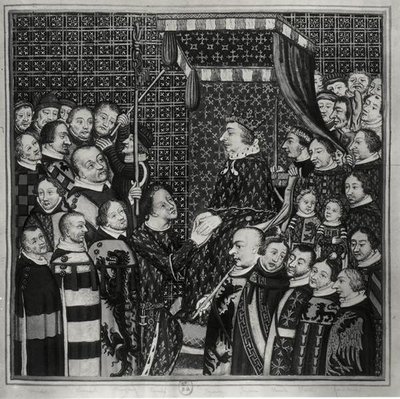 Louis II. (1337-1410), Graf von Clement, huldigt Karl V. (1338-80) Kopie einer Miniatur aus dem 14. Jahrhundert von Francois Roger de Gaignieres