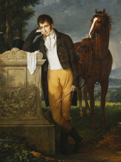 Porträt von Don Luigi Grimaldi, Prinz von Santa Cruce, Marquis de Pietro Vajrana de Monaco et Genes, der sich auf das Grab seiner Verlobten Fanny, Marquise de Grimaldi, lehnt, 1804 von Francois Xavier Fabre