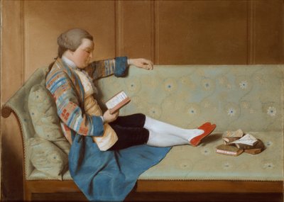 Porträt eines Mannes, der auf einem Sofa liegt und liest, Mitte des 18. Jahrhunderts von Francois Xavier Vispre