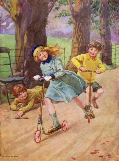 Mädchen und Junge fahren auf Rollern von Frank Adams