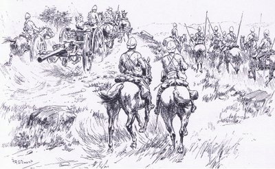 Bullers Kavallerie und Artillerie rücken auf Bergendal vor, Illustration aus After Pretoria: Der Guerillakrieg, 1902 von Frank Algenon Stewart