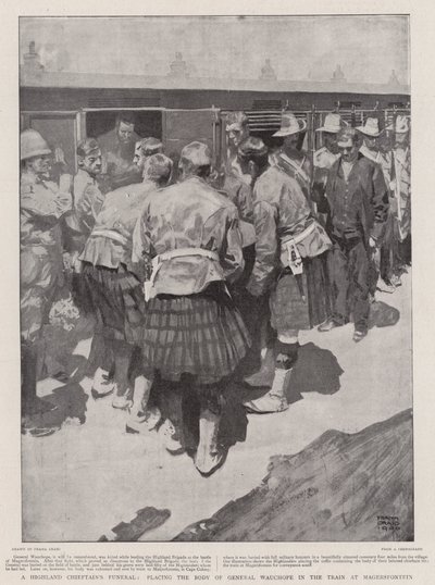 Beerdigung eines Highland-Häuptlings, die Leiche von General Wauchope wird in den Zug in Magersfontein gelegt von Frank Craig