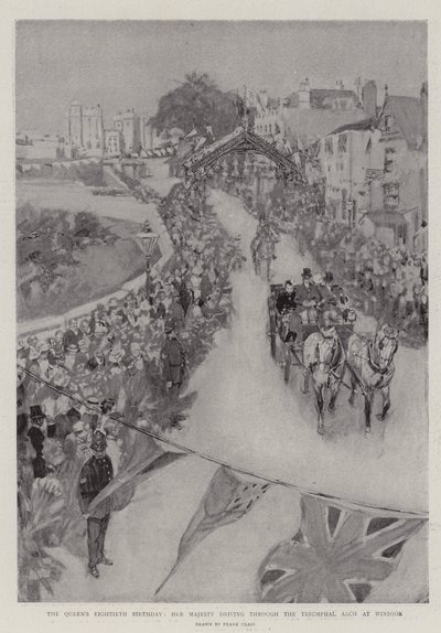 Der achtzigste Geburtstag der Königin, Ihre Majestät fährt durch den Triumphbogen in Windsor von Frank Craig