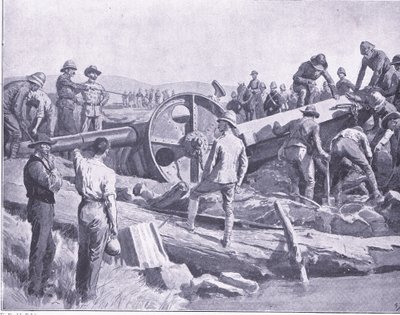 Ein Geschütz über eine schwierige Stelle bringen, Illustration aus After Pretoria: The Guerilla War, 1902 von Frank Dadd