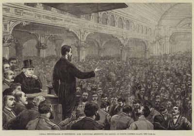 Liberale Demonstration in Manchester, Lord Hartington spricht bei der Versammlung im Pomona Gardens Palace von Frank Dadd