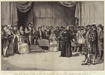 Luther vor dem Reichstag zu Worms, 1521, Szene aus dem historischen Drama von Luther, aufgeführt in Worms, 30. Oktober 1883 von Frank Dadd