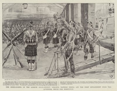 Die Heimkehr der Gordon Highlanders, Colonel Mathias verabschiedet das erste Detachement von den Liverpooler Docks nach Edinburgh von Frank Dadd