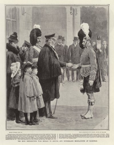 Der König verteilt Kriegsmedaillen an die Argyll und Sutherland Highlanders in Balmoral von Frank Dadd