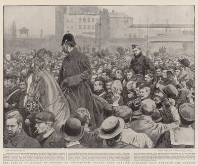 Die Rückkehr der Helden von Colenso nach Portsmouth, Trompeter Dunn wird auf den Schultern durch die Straßen getragen von Frank Dadd
